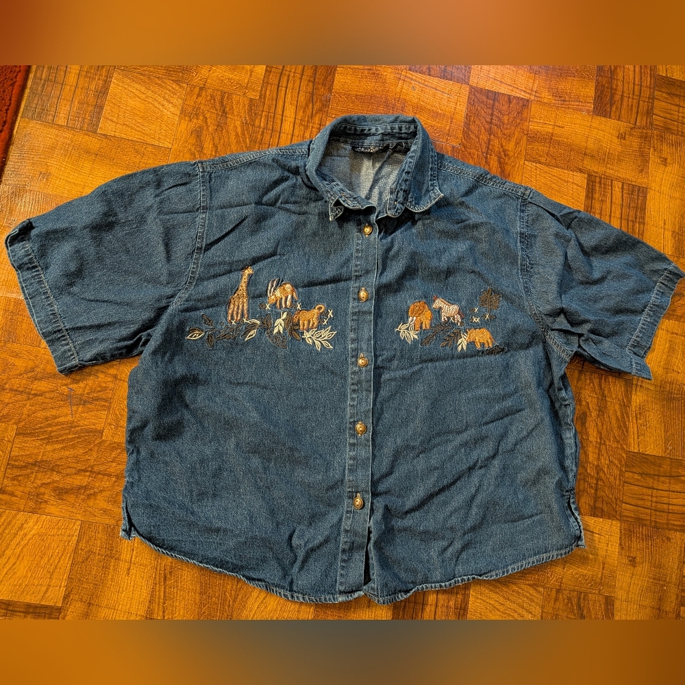 Vintage 90s M.P.H Blues Denim Blue Safari Jungle Button Up Dress Shirt 2X